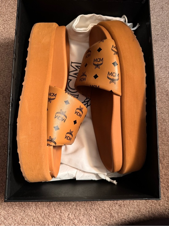 MCM Cognac Brown Logo Slide Sandals display picture 1